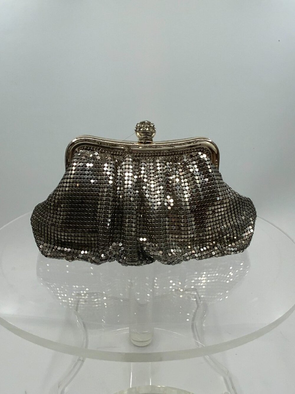 Vintage Silver Mesh Rhinestone Kiss Lock Evening Clutch Bag